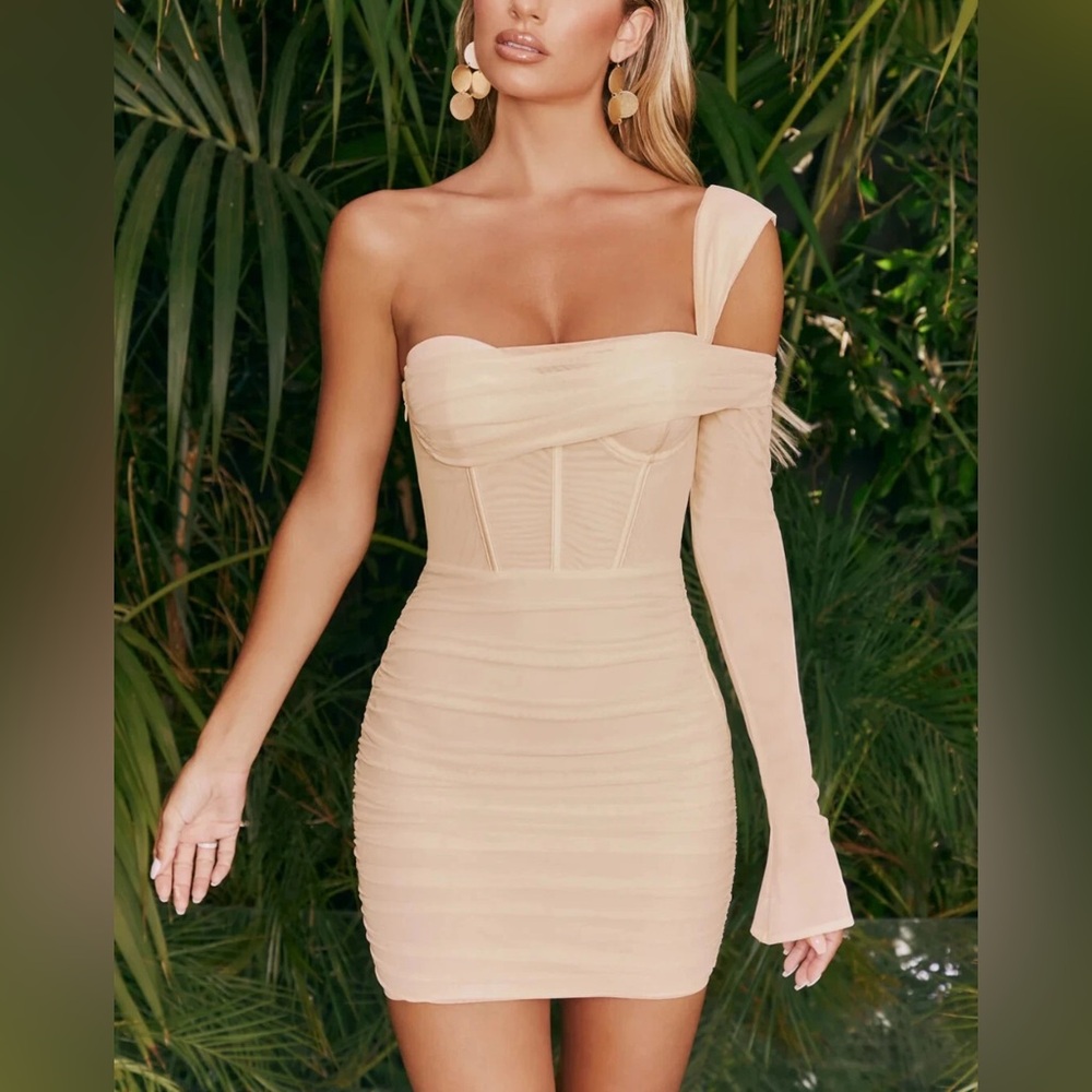 Oh Polly Mesh Asymmetric Off Shoulder Mini Dress in Cream